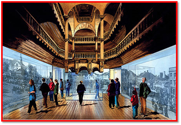 Architectural rendering of one of the seven main galleries of the Museum of the History of Polish Jews: "Into the Country." Visitors will be taken on a virtual journey to a lost world in which countless generations lived and flourished.